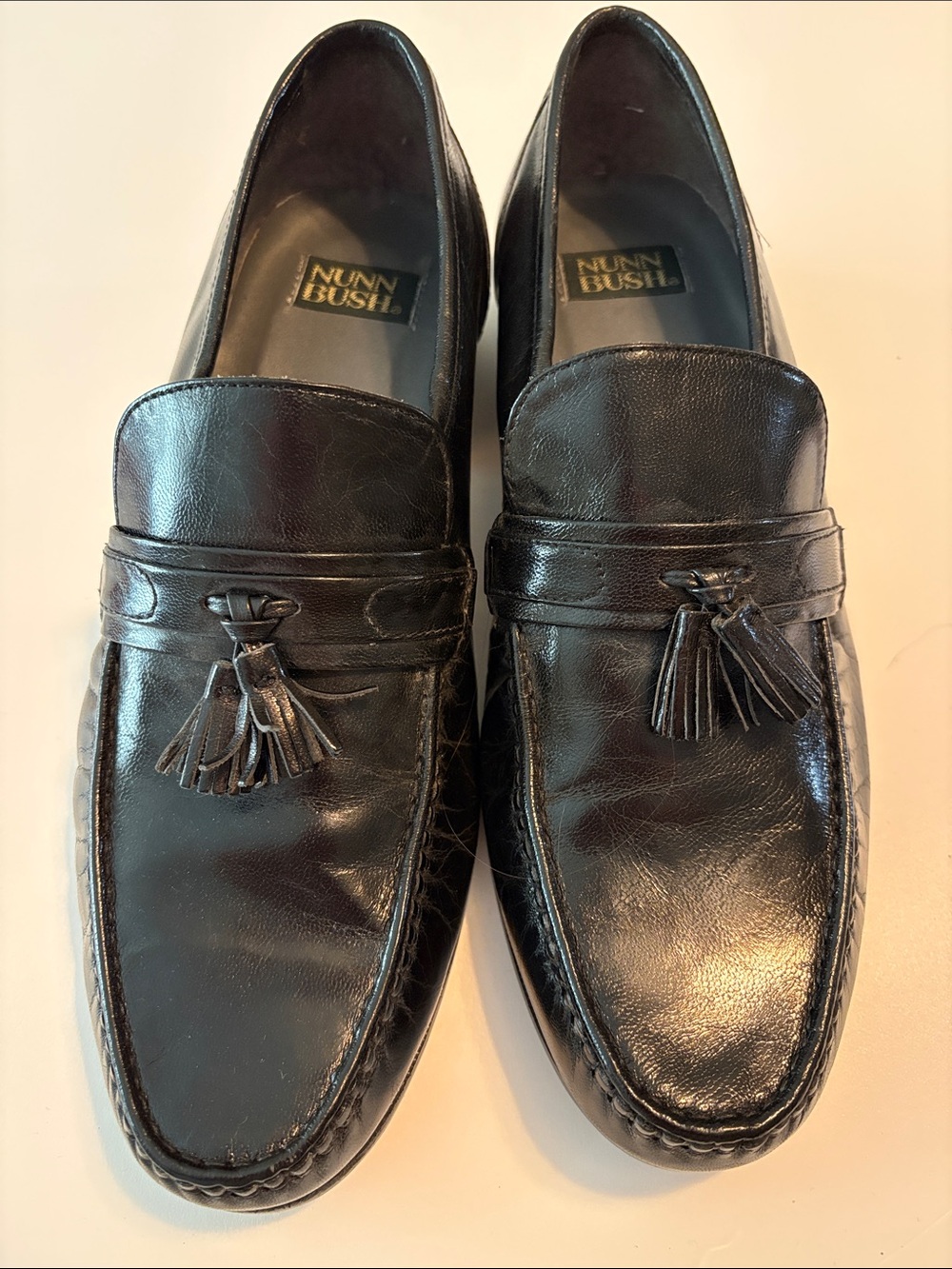 vintage ⁠Nunn Bush men’s tassel loafers dress shoes black leather moc-toe 10.5